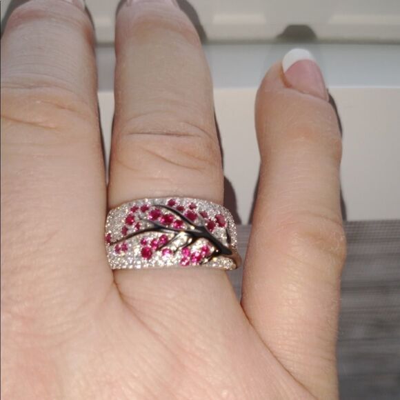 .925 Sterling Silver with Ruby and Diamond Cubic Zirconia Cherry Tree Ring - Picture 8 of 8